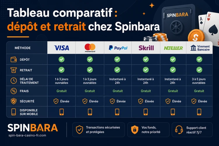 Tableau comparatif: dépôt et retrait chez Spinbara
